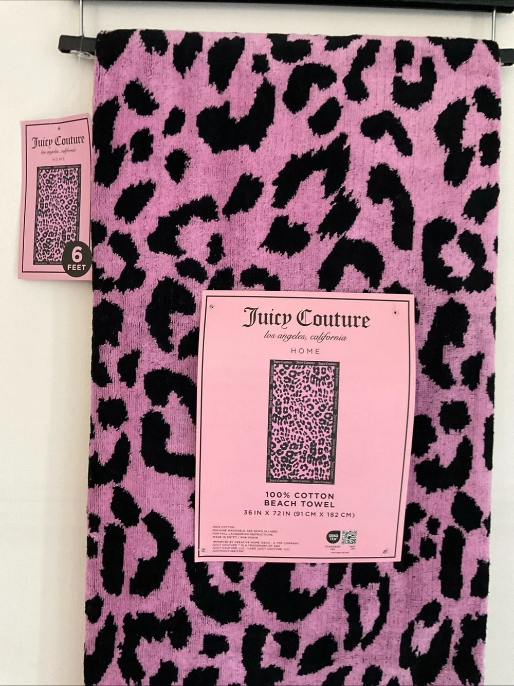 JUICY COUTURE PINK BLACK LEOPARD PRINT 6 FEET BEACH POOL TOWEL NWT